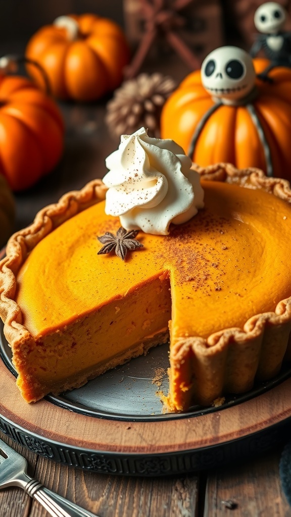 A golden pumpkin pie with whipped cream and cinnamon, inspired by Sally from 
